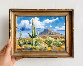 Saguaro National Park Watercolor Print, Arizona Desert Landscape Art, Cactus & Mountain Painting, Southwest Wall Decor
