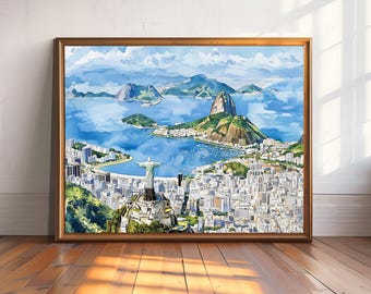 Rio de Janeiro Watercolor, Christ Redeemer Art, Brazil Cityscape Print, Sugarloaf Mountain Painting, Travel Wall Decor, Gift Idea
