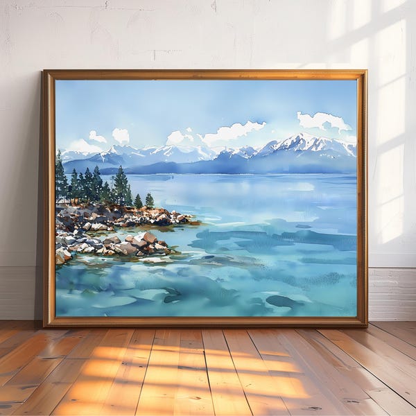 Impresión de acuarela del lago Tahoe, arte mural con paisaje de montaña nevada, pintura de naturaleza escénica, idea de regalo de Tahoe, arte del lago, decoración vibrante
