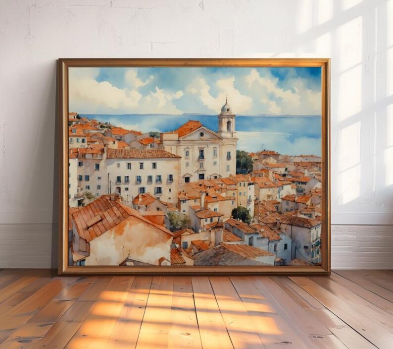 Lisbon_Alfama_watercolor_painting_in_light_wood_and_leaning_against_a_wall_on_an_empty_wooden_floor