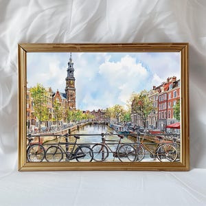 Amsterdam Watercolor Cityscape Print, Netherlands Travel Poster, Amsterdam Skyline Art, Dutch Wall Decor, Watercolor Amsterdam Painting image 1