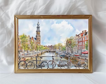 Amsterdam Watercolor Cityscape Print, Netherlands Travel Poster, Amsterdam Skyline Art, Dutch Wall Decor, Watercolor Amsterdam Painting
