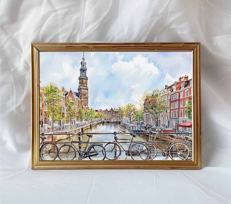 Amsterdam Watercolor Cityscape Print, Netherlands Travel Poster, Amsterdam Skyline Art, Dutch Wall Decor, Watercolor Amsterdam Painting image 1