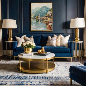 Peut inclure: Un salon luxueux avec un canap&eacute; en velours bleu marine, une table basse ronde et deux tables d'appoint avec des lampes dor&eacute;es. Une peinture &agrave; l'aquarelle encadr&eacute;e d'un village au bord du lac est accroch&eacute;e au-dessus du canap&eacute;. Des coussins d&eacute;coratifs et un vase dor&eacute; avec des fleurs ajoutent &agrave; l'&eacute;l&eacute;gance de la pi&egrave;ce.