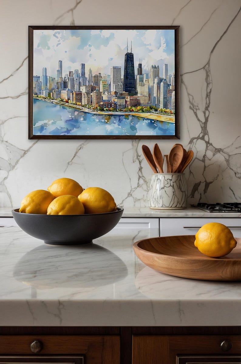 Quadro decorativo de Chicago para parede - Pintura em aquarela da paisagem urbana - Decoração com o horizonte de Chicago - Pôster de viagem para Illinois - Presente para casa imagem 10