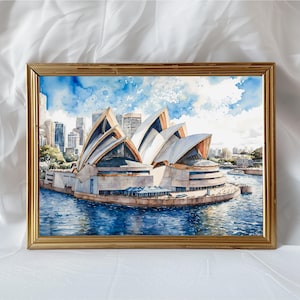 Opernhaus in Sydney Aquarell Kunstdruck, Sydney Stadtbild Poster, Australien Reise Wandkunst, Wahrzeichen von Sydney, Sydney Hafen