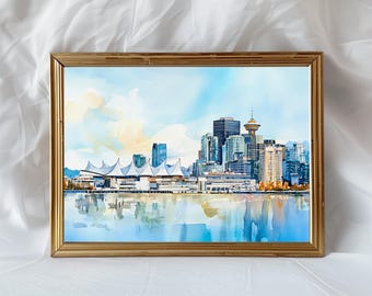 Watercolor Vancouver Skyline Print, Modern City Art with Stadium, Minimal Blue Sky Wall Decor, Clean Clipart Style Illustration