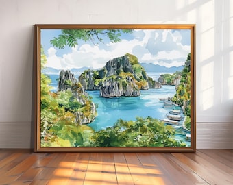 El Nido Palawan Watercolor Print, Tropical Island Wall Art, Philippines Beach Landscape, Coastal Vintage Painting Decor