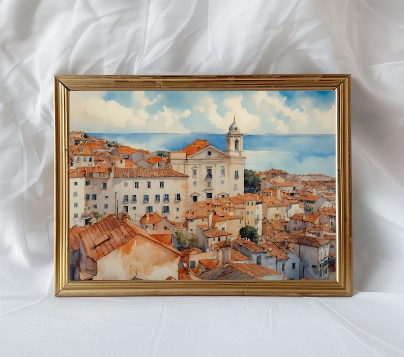 Lisbon_Alfama_watercolor_painting_in_golden_frame_on_a_white_background