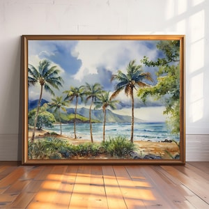 Pintura en acuarela de la costa de Na Pali en Hawái - Póster de arte de viaje al parque estatal de Na Pali - Decoración de viaje a Hawái - Impresión artística de paisaje escénico