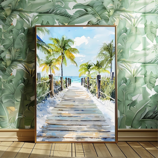 Impresión de acuarela de un paseo marítimo de Key West, arte mural costero de palmeras, pintura costera de Florida, idea de regalo de paisaje tropical