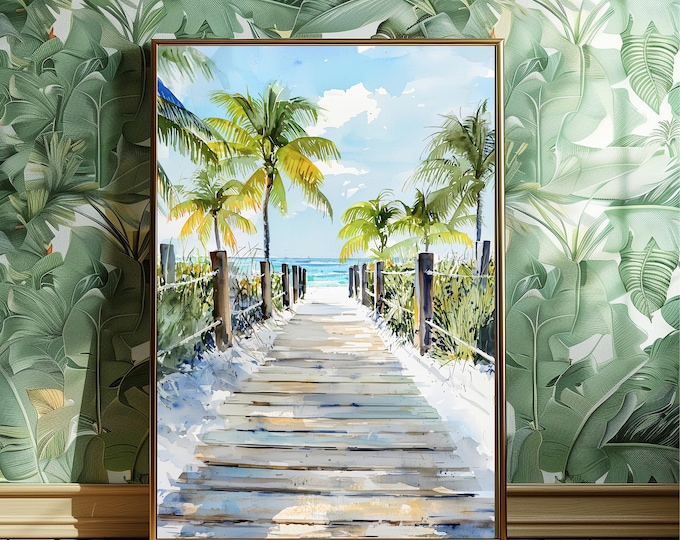 Key West Beach Walkway Watercolor Print, Palm Tree Coastal Wall Art, Florida Seaside Painting, Tropical Landscape Gift Idea