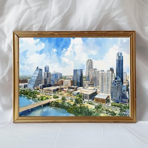 Plakat z akwarelą przedstawiający panoramę Austin, plakat z pejzażem miejskim Austin w Teksasie, sztuka ścienna z podróżami do Teksasu, nowoczesny wystrój Austin, obraz tętniącego życiem centrum miasta