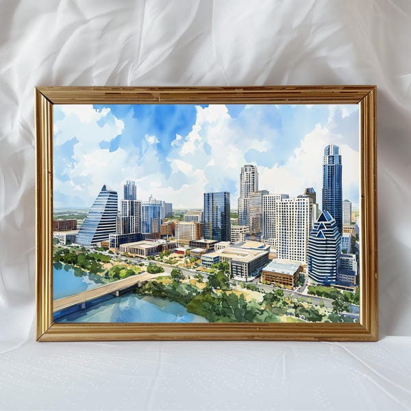 Stampa artistica acquerello dello skyline di Austin, poster del paesaggio urbano di Austin, Texas, decorazione murale di viaggio in Texas, arredamento moderno di Austin, dipinto vivace del centro città