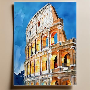 Impresión de acuarela del Coliseo, arte mural de Roma, Italia, póster de arquitectura antigua, idea de regalo de arte de viaje, decoración luminosa de un monumento italiano