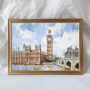 Big Ben London Watercolor Print, Palace of Westminster Art, River Thames Cityscape, UK Landmark Painting, British Travel Wall Decor