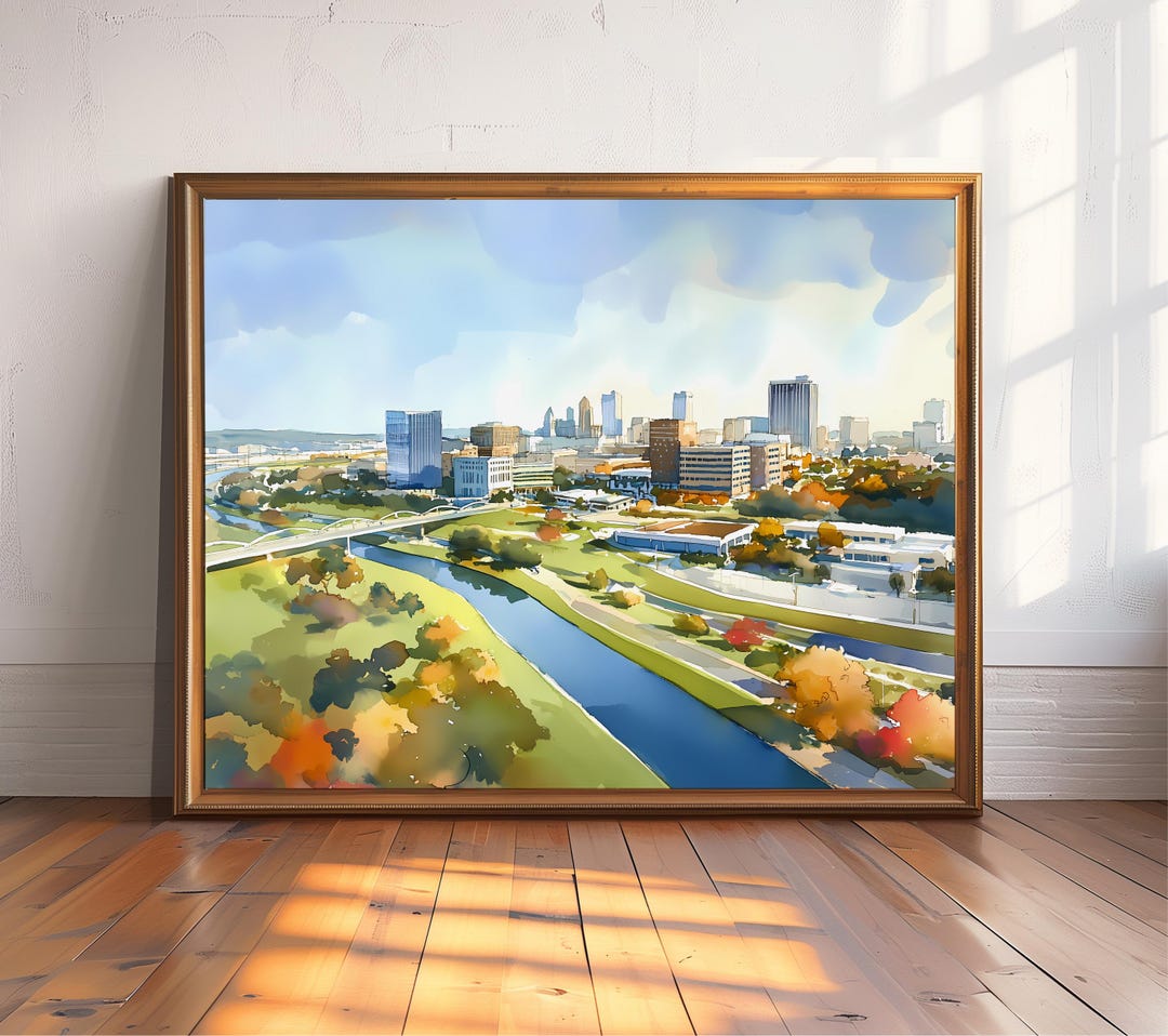 Fort Worth Texas Skyline Art Print, Aerial Watercolor Cityscape With ...