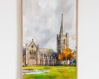 St Patrick's Cathedral Dublin Watercolor Print, Irish Architecture Wall Art, Autumn City Decor, Travel Gift, Ireland Painting