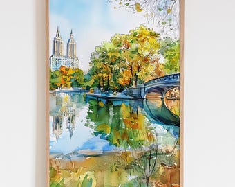 New York Wall Art Print – Central Park Autumn Watercolor | NYC City Landscape Decor | Fall Home Decor Gift