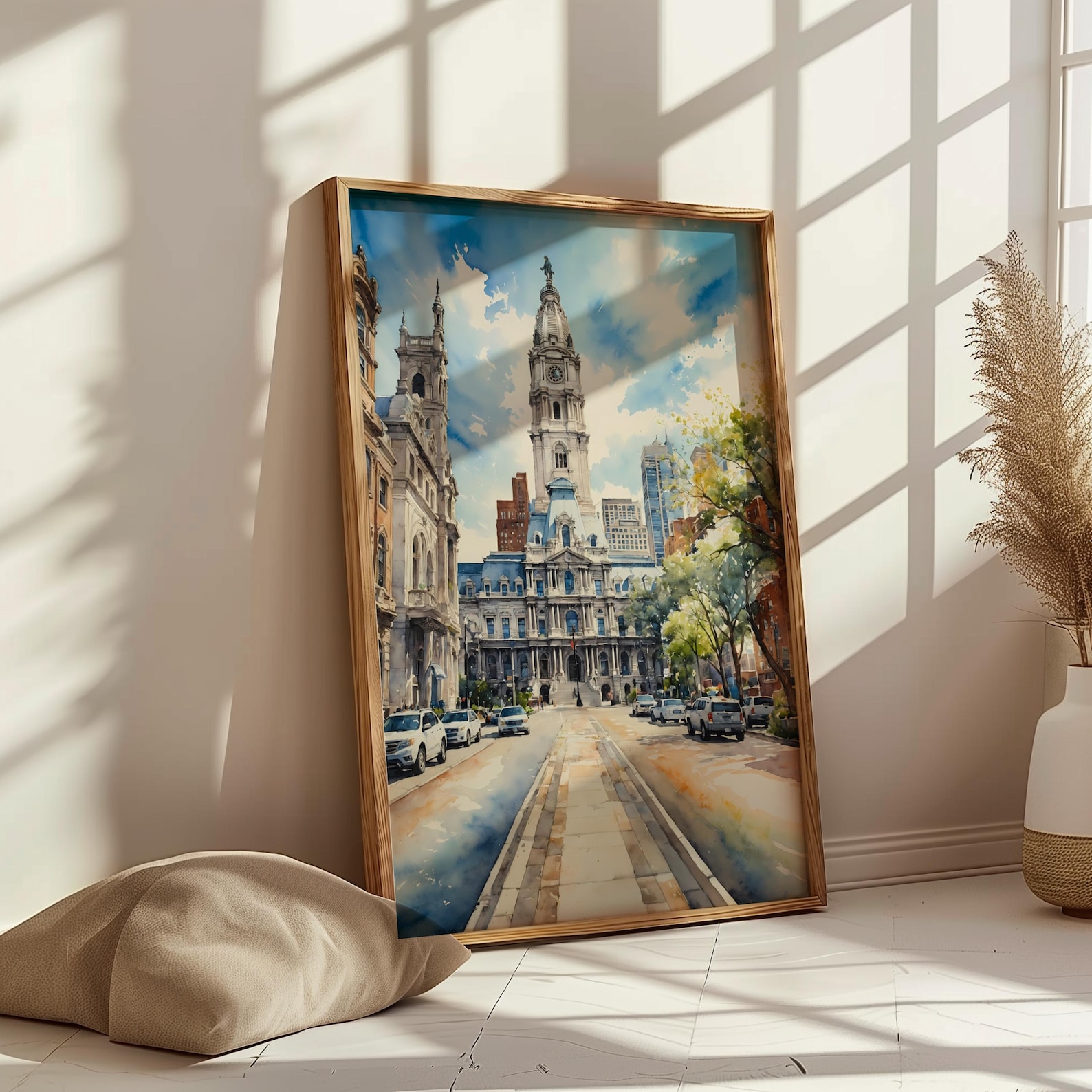 Philadelphia City Hall Watercolor Print, Philly Cityscape Art, Pennsylvania Travel Poster, Historic Landmark Wall Art Decor - 18″ x 24″ (Vertical), Matte