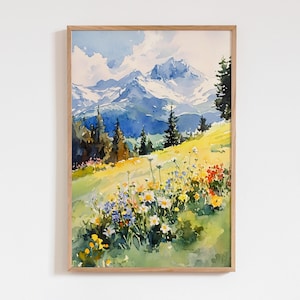 Stampa ad acquerello delle Alpi svizzere, dipinto di fiori di prato alpino, decorazione murale di montagne innevate, opera d'arte di paesaggi naturali, decorazioni da viaggio in Svizzera