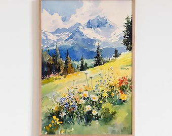 Swiss Alps Watercolor Print, Alpine Meadow Flowers Painting, Snowy Mountain Wall Art, Nature Landscape Artwork, Swiss Travel Decor