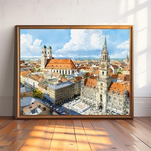 Flygfoto över München, akvarelltryck, tecknad stil, konst i Frauenkirche, pastellfärgad stadsbild, Europa, reseväggkonst, gåva