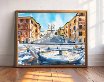 Impresión en acuarela de la Plaza de España, Roma, Italia, arte mural de viaje, pintura de un monumento europeo, póster de arte de Roma, decoración arquitectónica de Italia