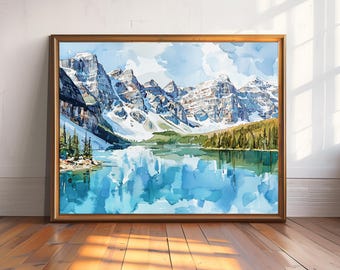 May include: Watercolor painting of a mountain lake scene. Snow-capped mountains are reflected in the blue water. The artwork is framed in a gold-colored wooden frame. The painting depicts a serene landscape with trees and clouds.