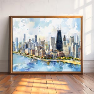Quadro decorativo de Chicago para parede - Pintura em aquarela da paisagem urbana - Decoração com o horizonte de Chicago - Pôster de viagem para Illinois - Presente para casa imagem 1