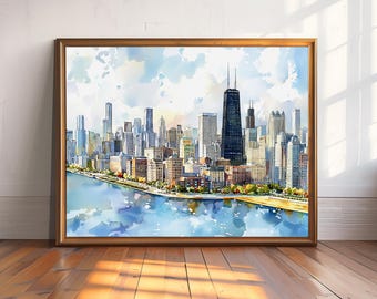 Chicago Wall Art Print - Cityscape Watercolor Painting - Chicago Skyline Decor - Illinois Travel Poster - Home Gift