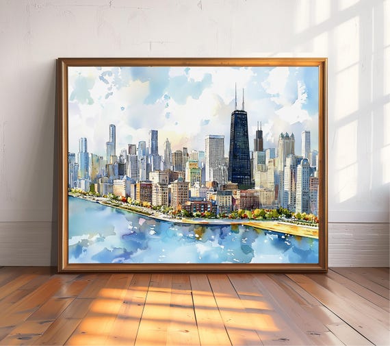 Chicago Wall Art Print - Cityscape Watercolor Painting - Chicago Skyline Decor - Illinois Travel Poster - Home Gift