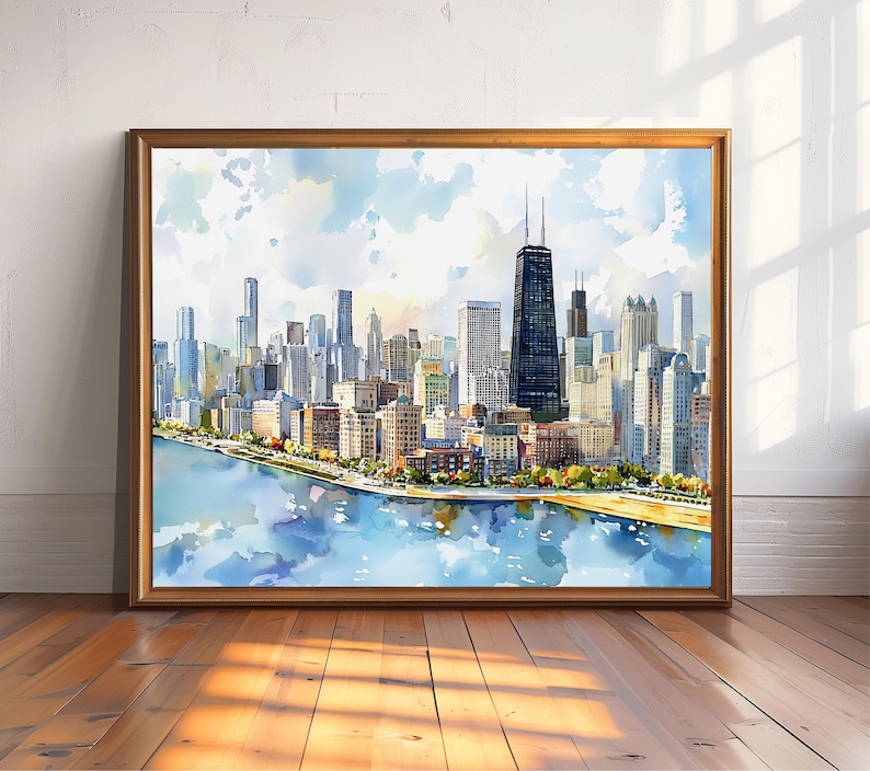 Quadro decorativo de Chicago para parede - Pintura em aquarela da paisagem urbana - Decoração com o horizonte de Chicago - Pôster de viagem para Illinois - Presente para casa imagem 1