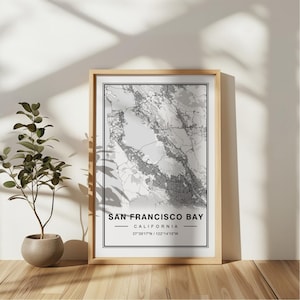 Affiche imprimée carte de la baie de San Francisco - Souvenir de voyage à San Francisco, baie de San Francisco en Californie, Art mural imprimé