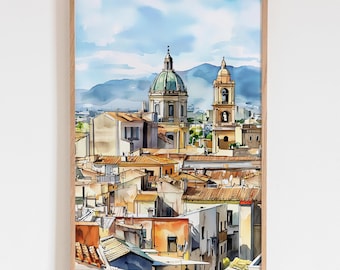 Palermo Italy Watercolor Print, Sicily Cityscape Wall Art, Historic Architecture Painting, Italian Travel Poster, Gift for Art Lovers