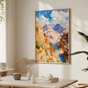Stampa ad acquerello del Grand Canyon, paesaggio con cielo azzurro e nuvole, dipinto del canyon del fiume, poster del parco nazionale, idea regalo naturalistica