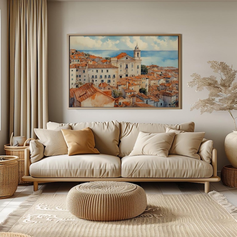 Lisbon_Alfama_watercolor_painting_hangs_on_wall_in_beige_living_room