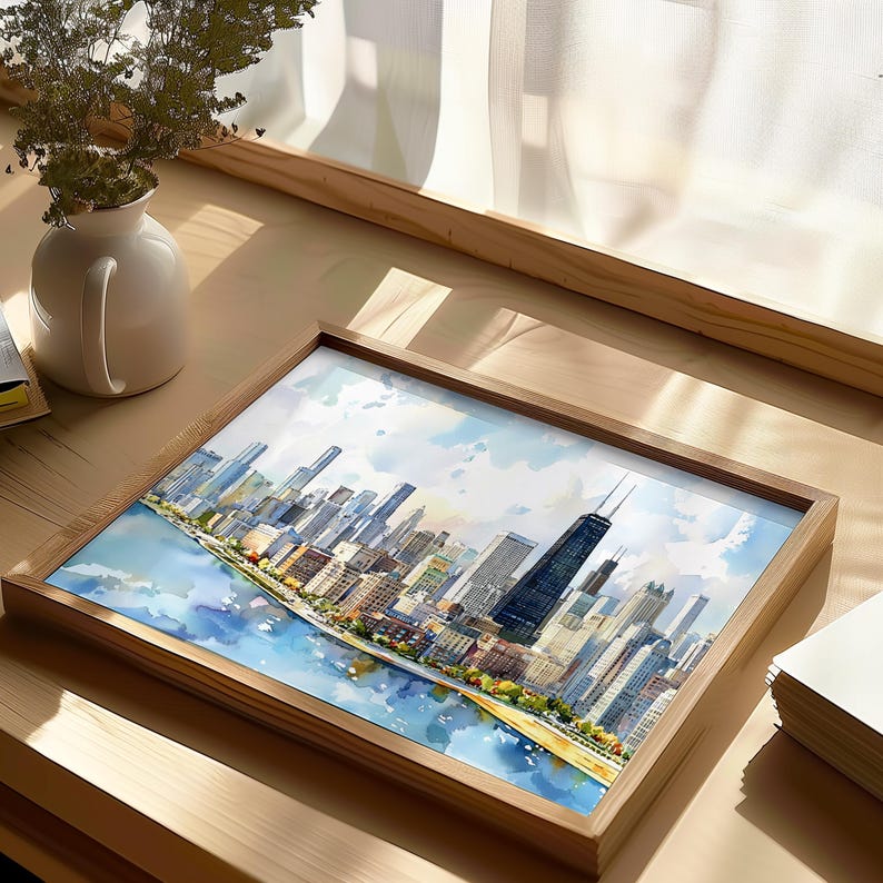 Quadro decorativo de Chicago para parede - Pintura em aquarela da paisagem urbana - Decoração com o horizonte de Chicago - Pôster de viagem para Illinois - Presente para casa imagem 4