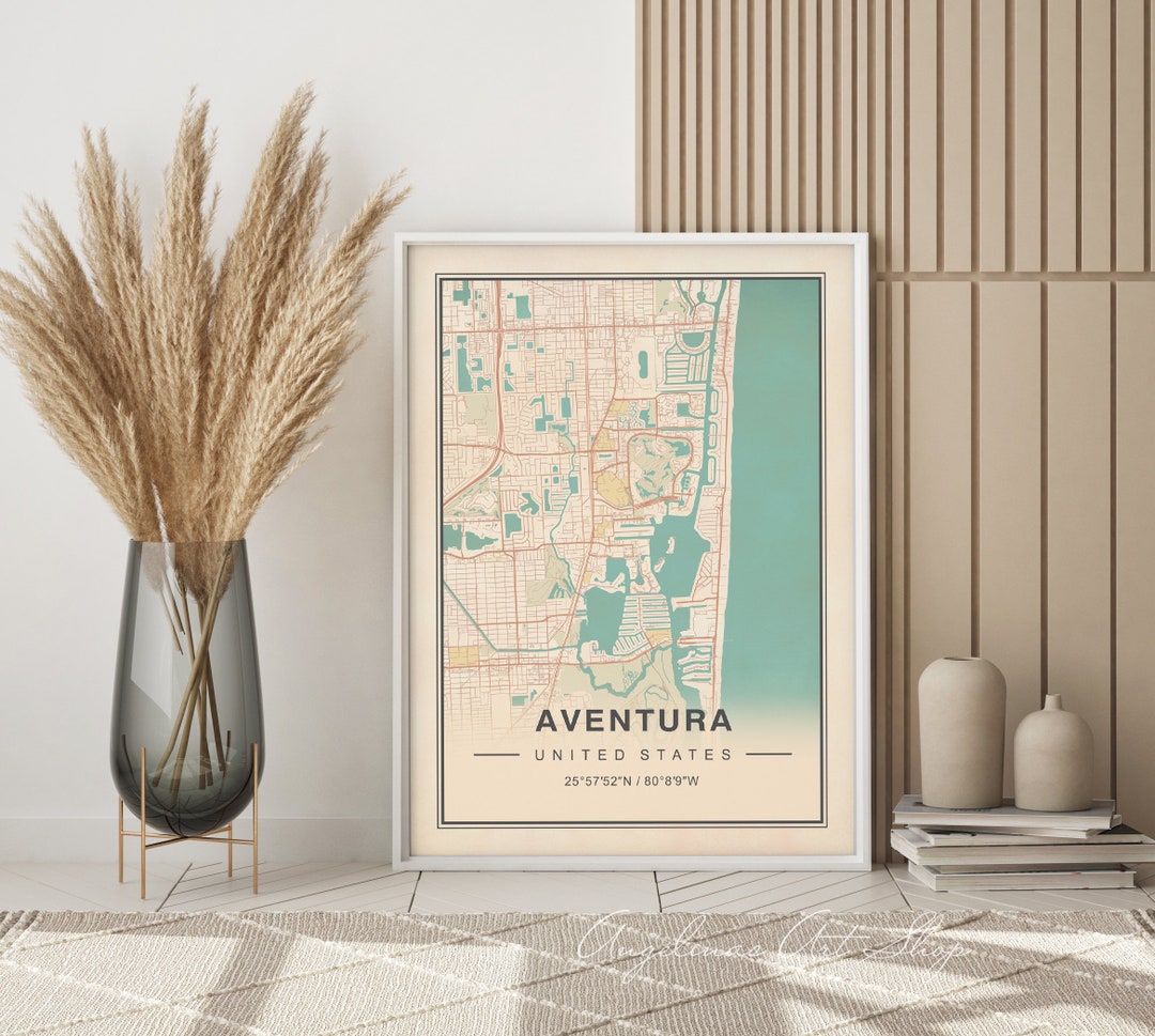 Aventura Map, Aventura Florida Map, Vintage Aventura Map, Vintage