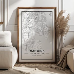 Cartaz de impressão artística do mapa de Warwick Rhode Island - lembrança de viagem para Rhode Island, decoração de parede impressa em Warwick RI