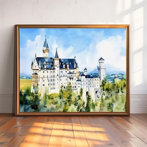 Neuschwanstein Castle Watercolor Print, Germany Landscape Wall Art, Dreamy Romantic Castle Painting, Fairytale Travel Poster