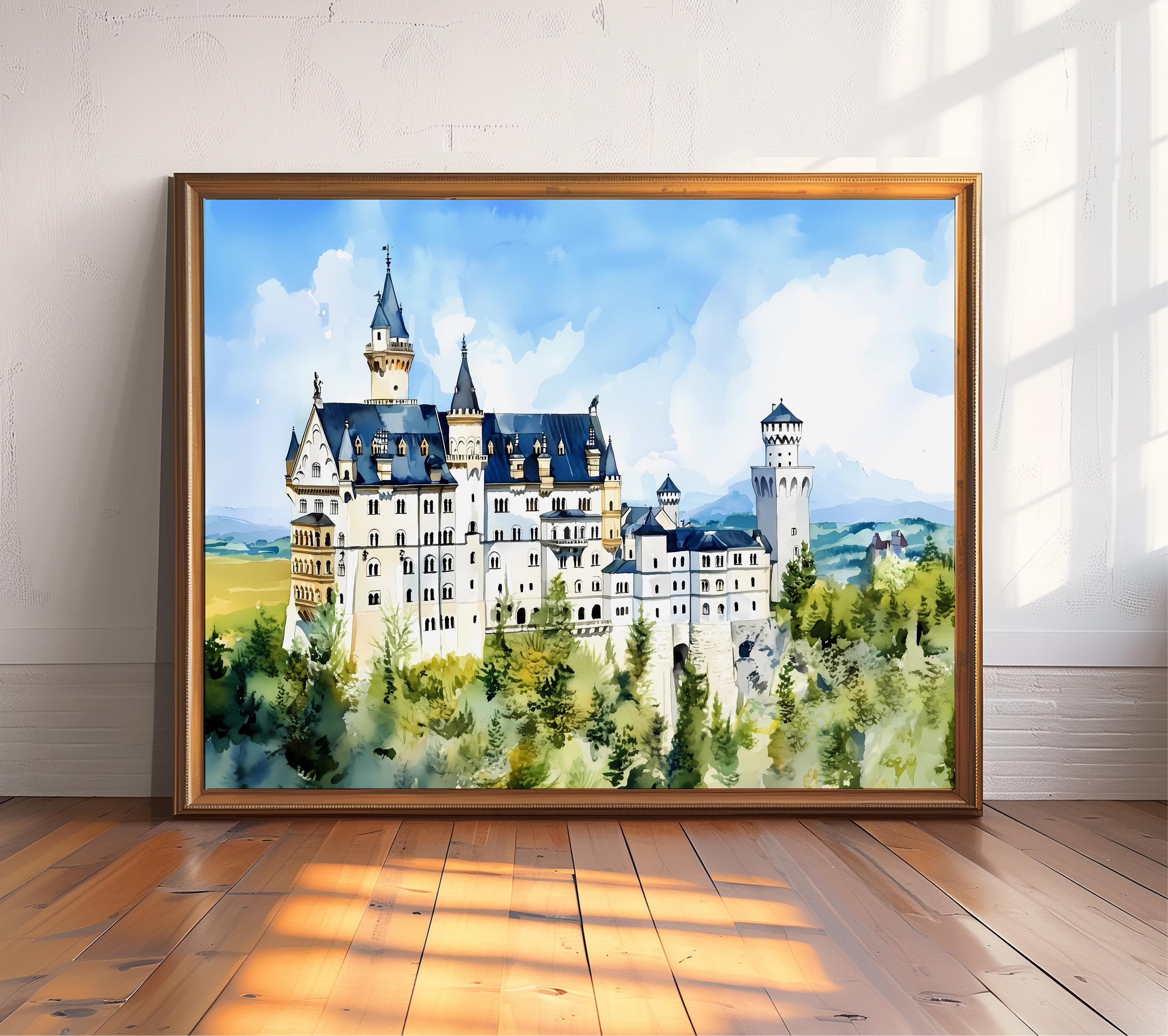 Neuschwanstein Castle Watercolor Print, Germany Landscape Wall Art, Dreamy Romantic Castle Painting, Fairytale Travel Poster