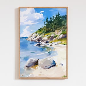 Stampa ad acquerello con paesaggio costiero del Parco Nazionale di Acadia, stampa murale con paesaggio estivo di spiaggia rocciosa, poster artistico con cielo azzurro e pino sull'oceano
