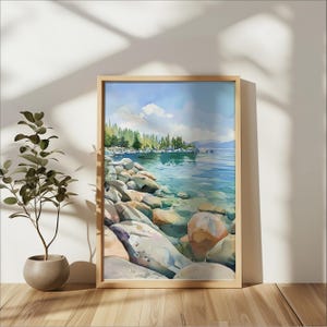Stampa ad acquerello del Lago Tahoe, decorazione murale con natura californiana, paesaggio del Lago Blu, dipinto di una spiaggia estiva, scena tranquilla sulla spiaggia, idea regalo