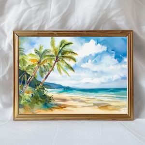 Tropical Palm Tree Beach Watercolor Print, Summer Vacation Wall Art, Coastal Ocean Landscape Painting, Blue Sky Beach Decor