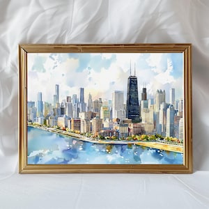 Quadro decorativo de Chicago para parede - Pintura em aquarela da paisagem urbana - Decoração com o horizonte de Chicago - Pôster de viagem para Illinois - Presente para casa imagem 5