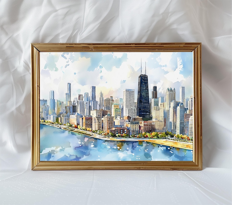 Quadro decorativo de Chicago para parede - Pintura em aquarela da paisagem urbana - Decoração com o horizonte de Chicago - Pôster de viagem para Illinois - Presente para casa imagem 5