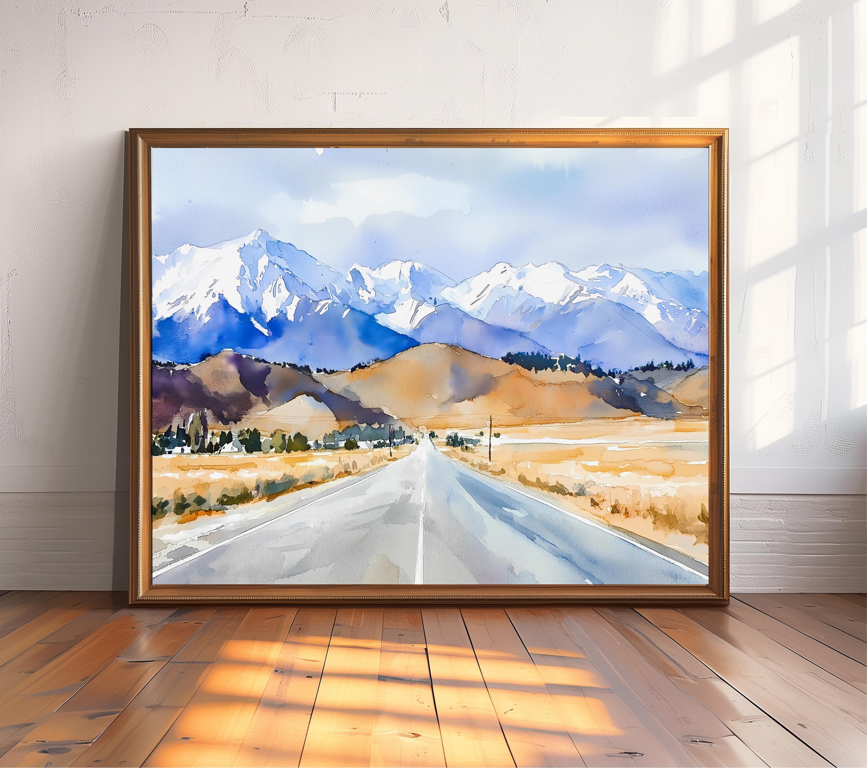 Sierra Nevada Watercolor Print, Snowy Mountain Landscape Art, California Road Painting, Nature Wall Art, Travel Gift Idea