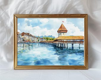 Dipinto ad acquerello del paesaggio urbano di Lucerna, Svizzera, con il Ponte della Cappella e la Torre, stampa artistica da parete di viaggio in Svizzera, regalo di paesaggio europeo