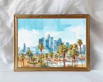 Los Angeles Skyline Aquarell Druck, Kalifornien Stadtbild Wandkunst, Lebendige Stadt Architektur Poster, Palmen Reise Dekor